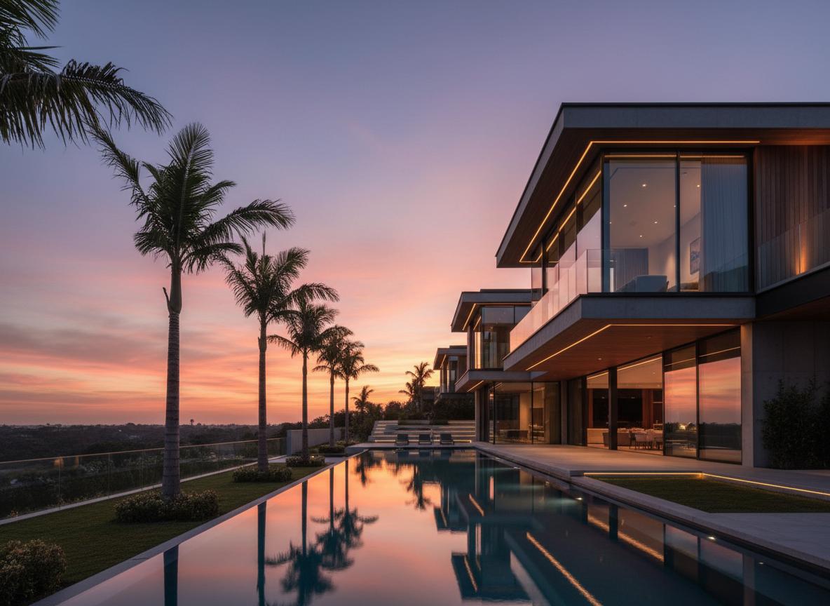 Luxury modern home with pool at sunset